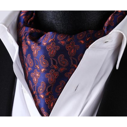 Luxusní hedvábný ascot modrý s oranžovým vzorem