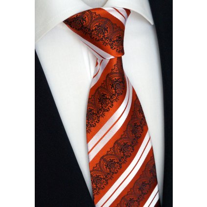 hedvábná kravata oranžová pruh vzor. 2jpg