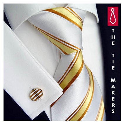 Luxusní hedvábná kravata bílá se žlutým pruhem 168-1