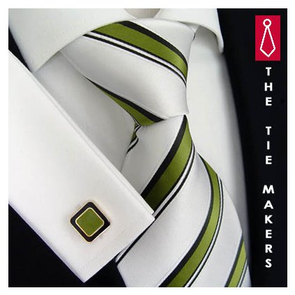 Luxusní hedvábná kravata bílá se zeleným pruhem 168-2