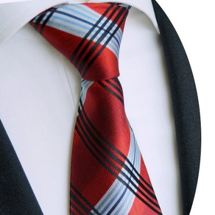Červená kravata Beytnur 234-1 modré a černé pruhy