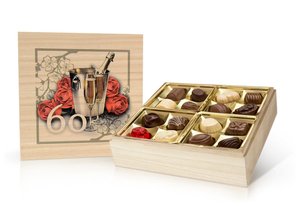 Narozeniny 60 let - belgické pralinky v dřevěné dóze 400 g