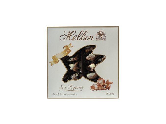 Melbon pralinky z mléčné a bílé čokolády s lískooříškovou náplní - mořské plody 250 g