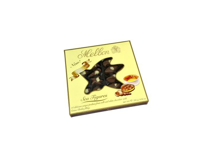 Melbon pralinky z mliečnej a bielej čokolády s náplňou crème brûlée – morské plody 250 gody 250 g