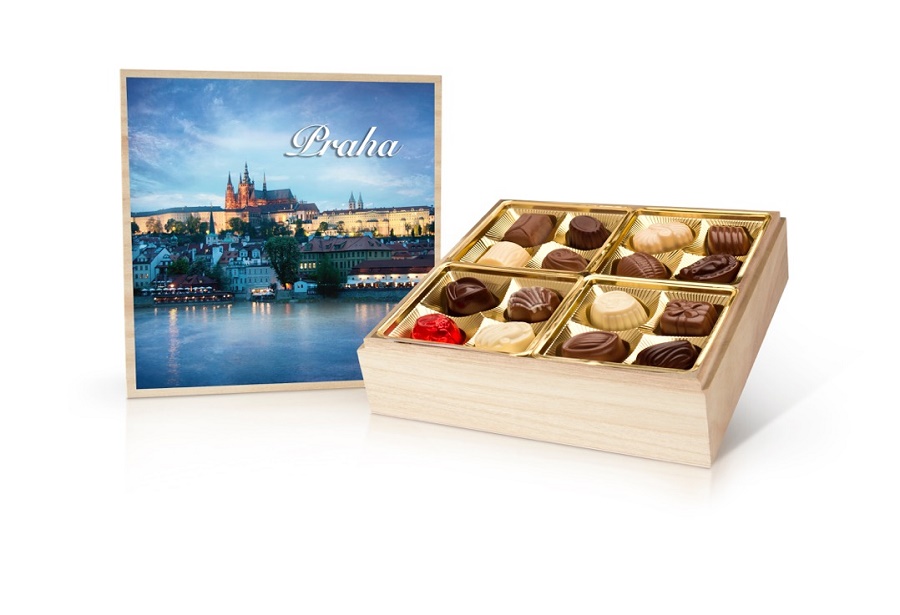 Delafaille, Belgie Praha barevná - belgické pralinky v dřevěné dóze 400g