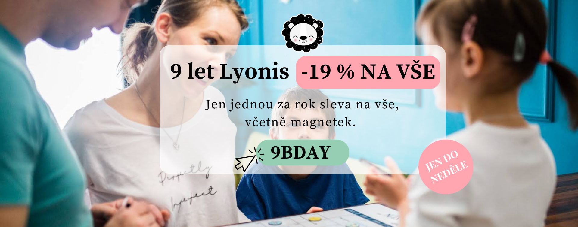 Banner k narozeninové akci Lyonis – sleva 19 % na celý sortiment, kód 8BDAY