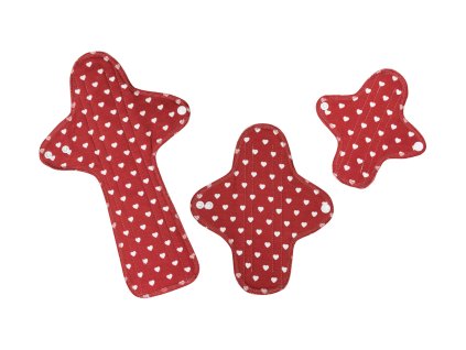 Starter pack of organic cotton reusable cloth pads Trial plus - Red Hearts 3 pcs