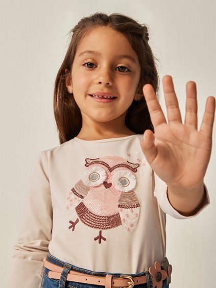 Dívčí triko s dlouhým rukávem a vyšívanou sovou