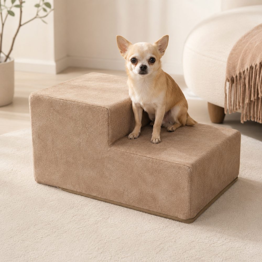 Dvoustupňové čalouněné schůdky pro psy s chihuahuou na horním schodu