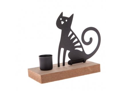 svietnik stojan na sviečku mačka s mačkou mačacie s mačkami plech kov drevo