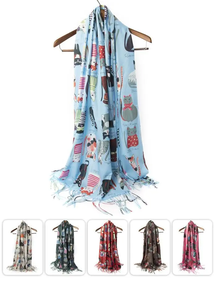 Dlhý ľahký šál s farebnými mačkami - 6 farieb Farba: fuchsiová