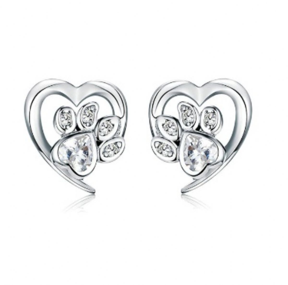 Náušnice mačacia labka v srdci - chirurgická oceľ a zirkóny (pecky)