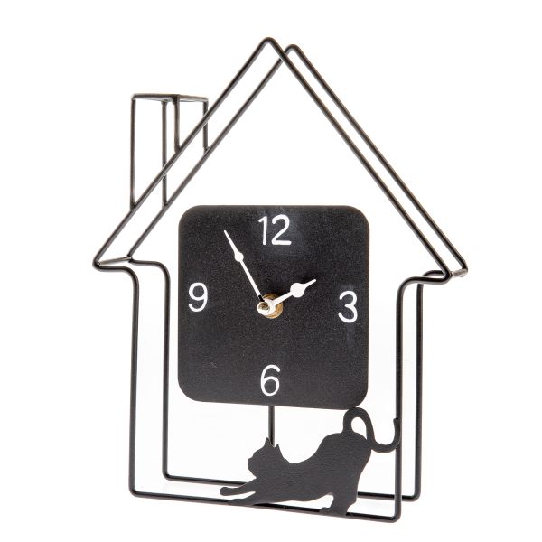 Kovové hodiny s mačkou v domčeku