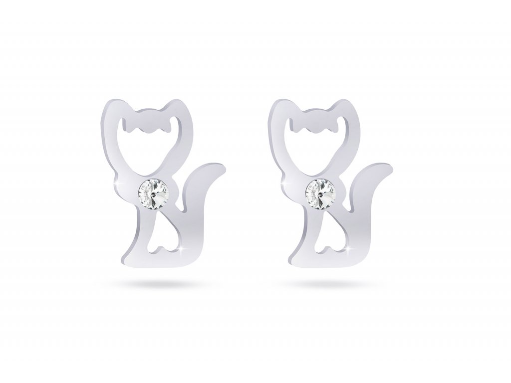 Náušnice s mačkou a kryštálom - chirurgická oceľ