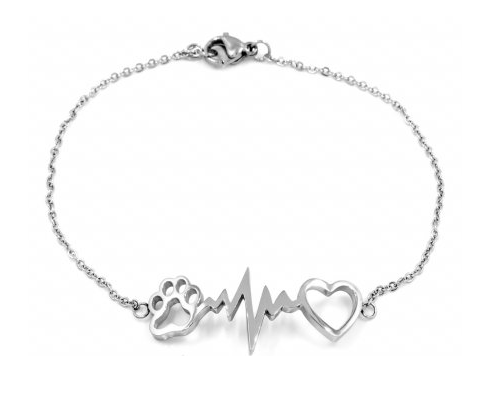 Náramok s mačacou labkou a srdiečkom - chirurgická oceľ - strieborná, zlatá Farba: stříbrná