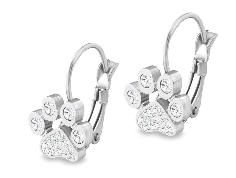 Náušnice mačacia labka s kryštálmi - chirurgická oceľ (visiace) - strieborné, zlaté Farba: stříbrná