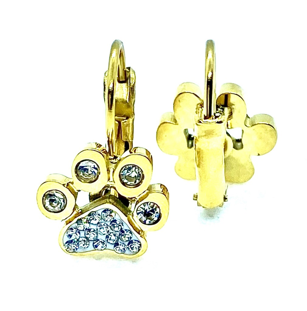 Náušnice mačacia labka s kryštálmi - chirurgická oceľ (visiace) - strieborné, zlaté Farba: zlatá