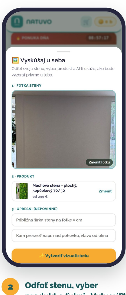 NATUVO aplikácia: nahratie fotografie steny a výber produktu