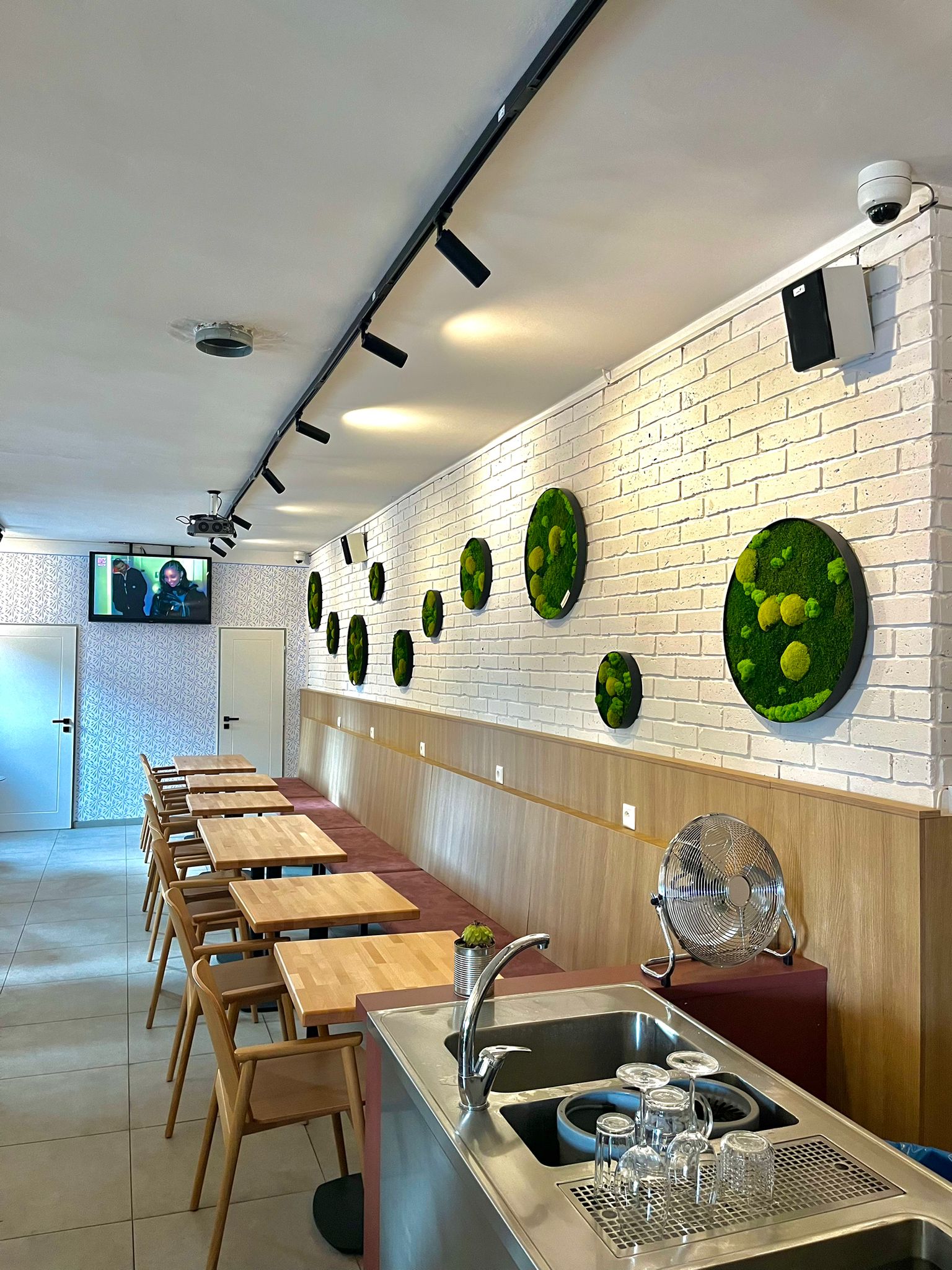 Stěna z mechových kruhů v Zvonica coffee bar