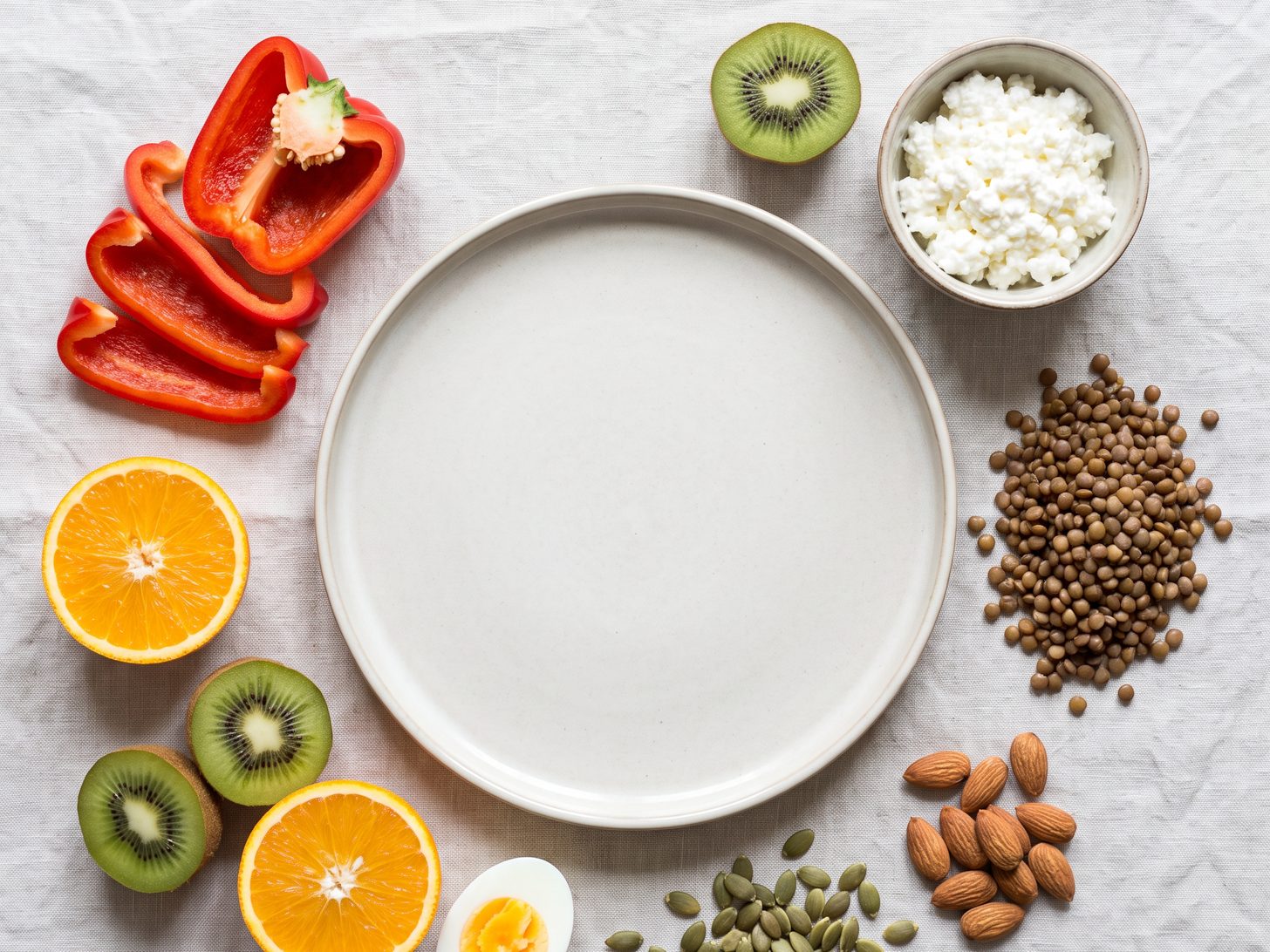 Talíř s potravinami pro tvorbu kolagenu po čtyřicítce – luštěniny, vejce, tvaroh, paprika a citrusy na světlém stole