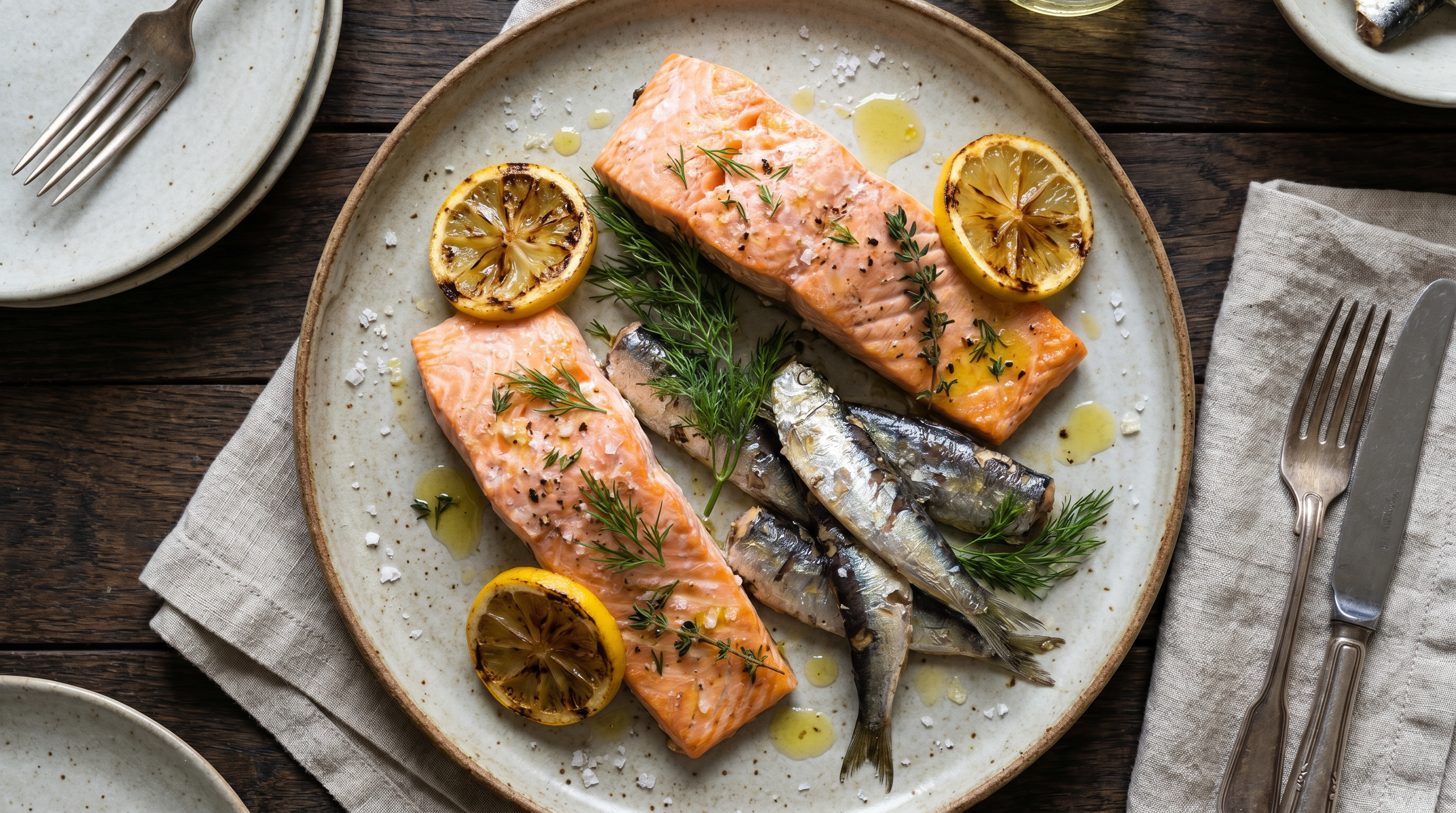 Tučné ryby, losos a sardinky na talíři
