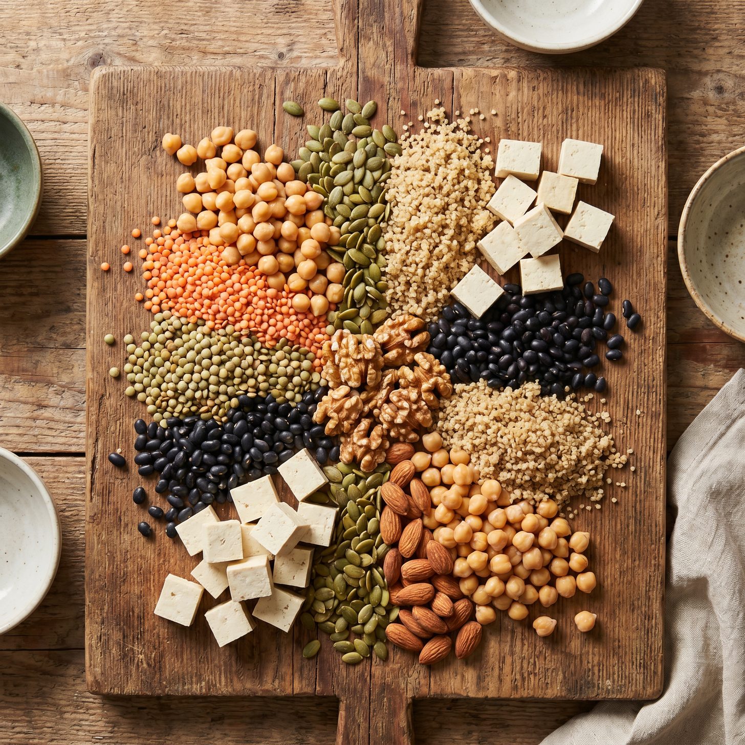 Rostlinné zdroje pro tvorbu kolagenu – čočka, cizrna, tofu, quinoa a dýňová semínka na dřevěném prkénku