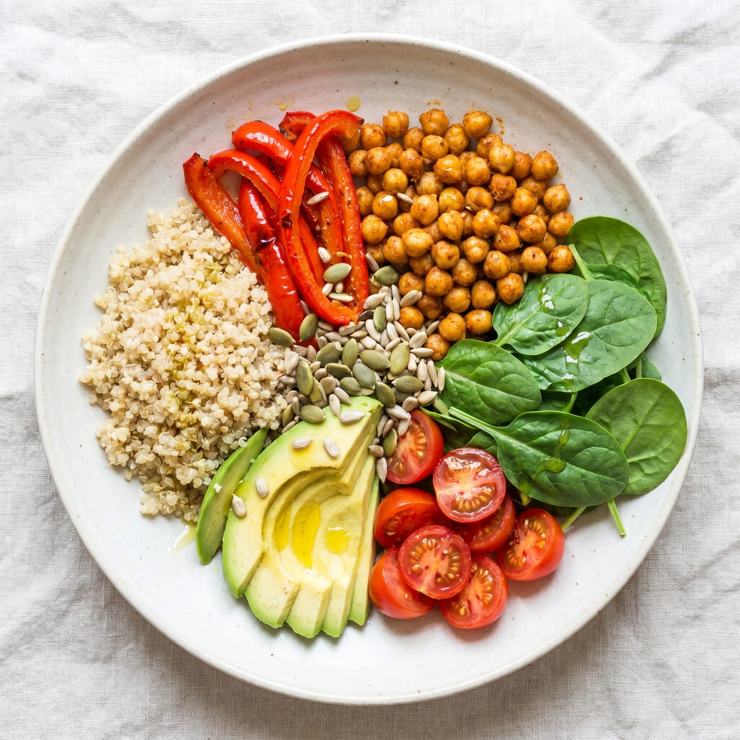 Veganská podpora tvorby kolagenu v praxi – buddha bowl s quinoou, cizrnou, paprikou, avokádem a semínky