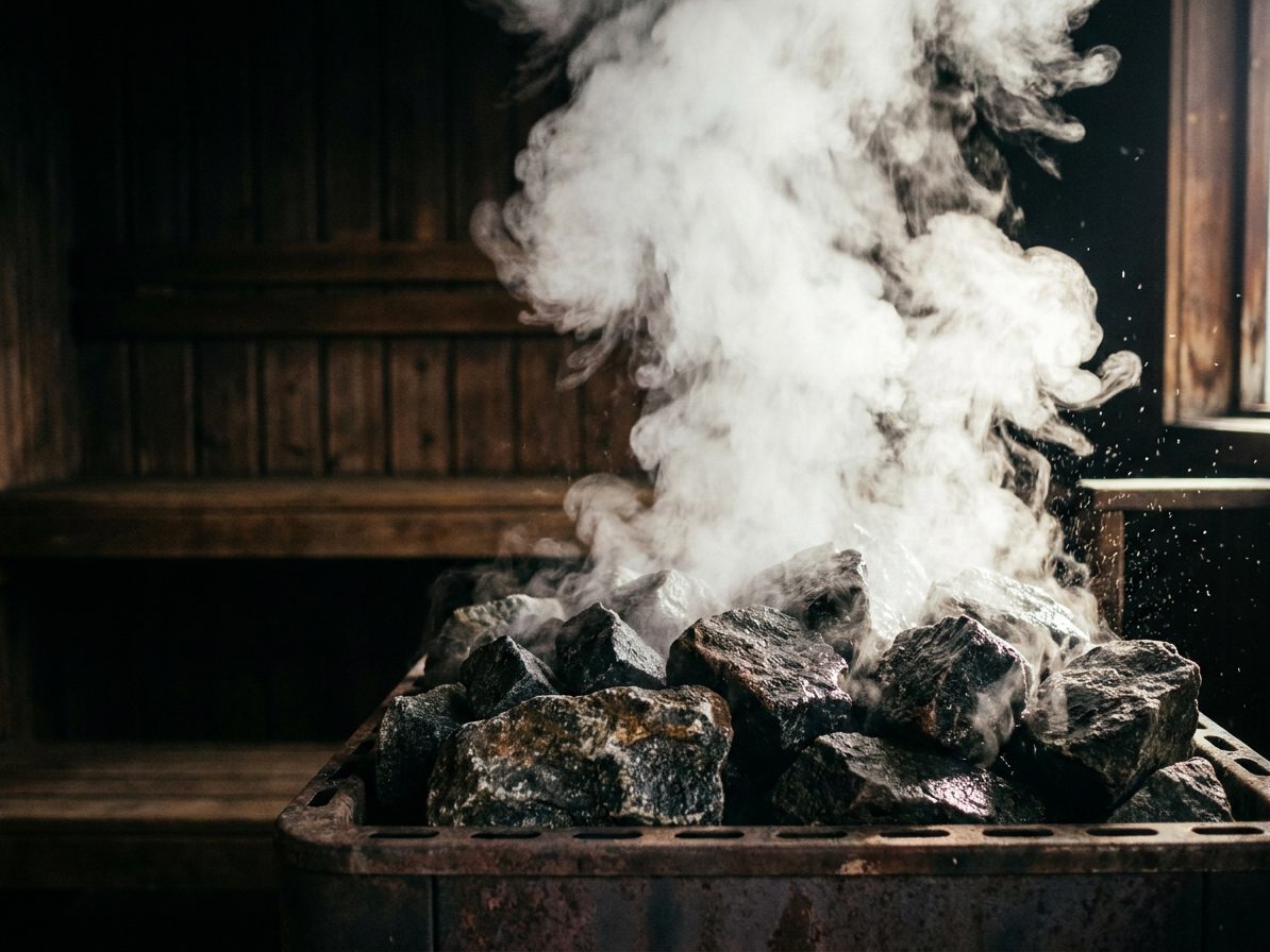 Suchá finská sauna – pára stoupající z rozpálených kamenů po nalití vody