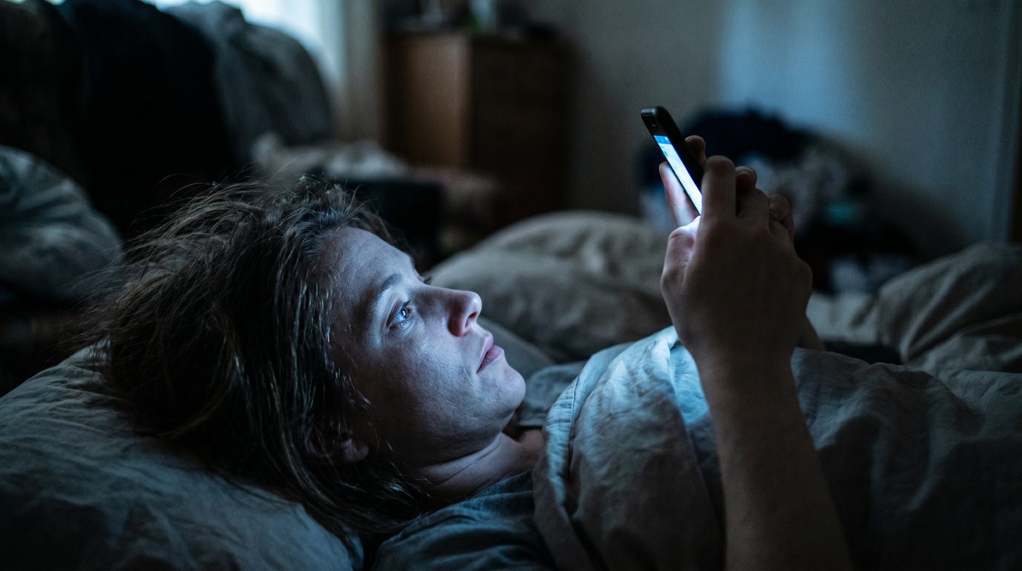 Člověk v noci nemůže usnout, obličej svítí modrým světlem telefonu