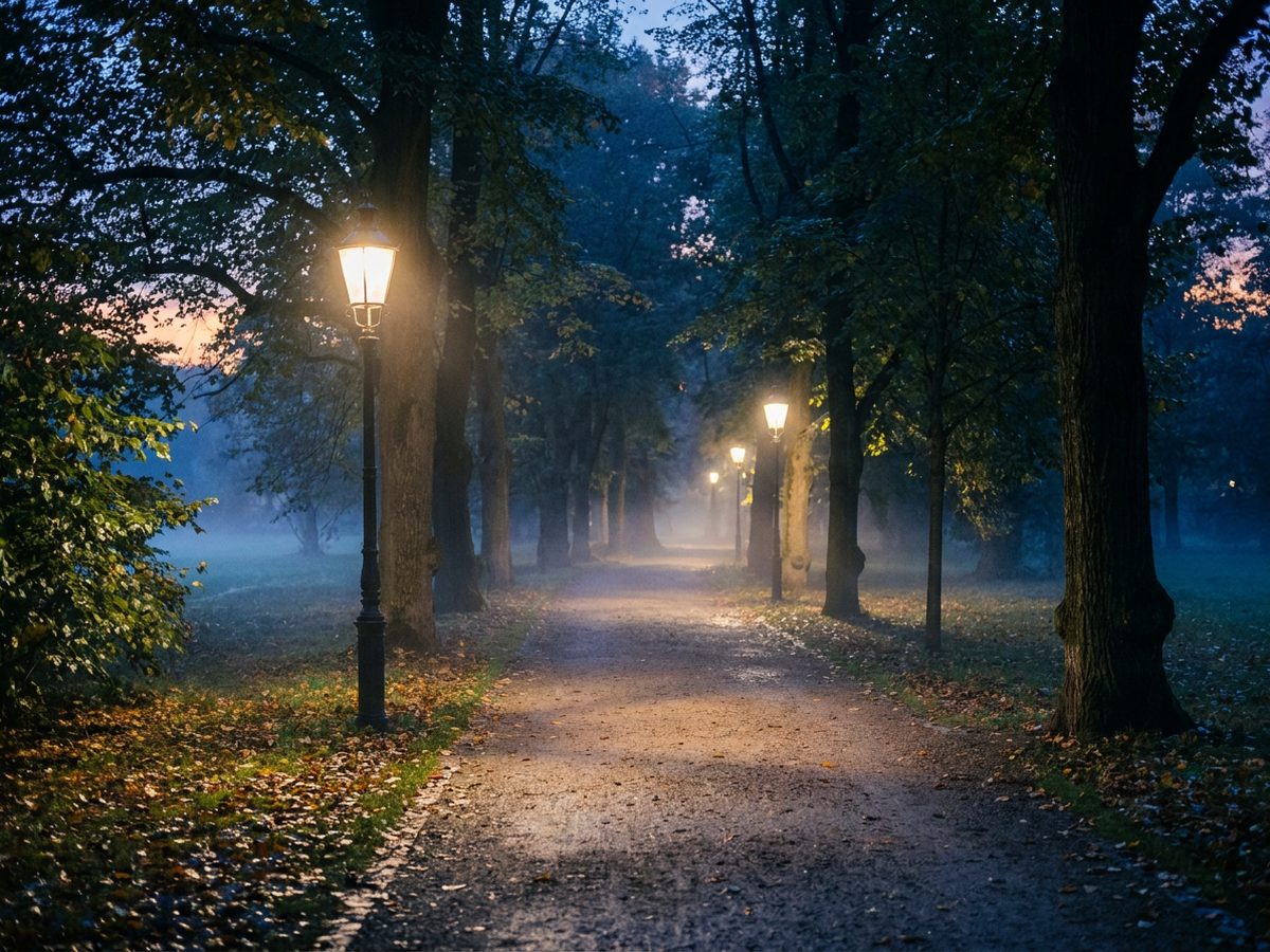 Večerní rutina před spaním venku – cesta parkem za soumraku s rozsvícenými lampami