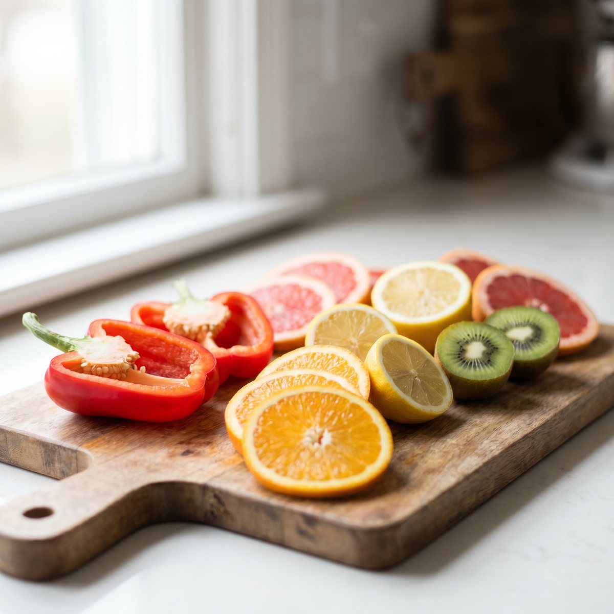 Potraviny bohaté na vitamín C – citrusy, červená paprika a kiwi na prkénku