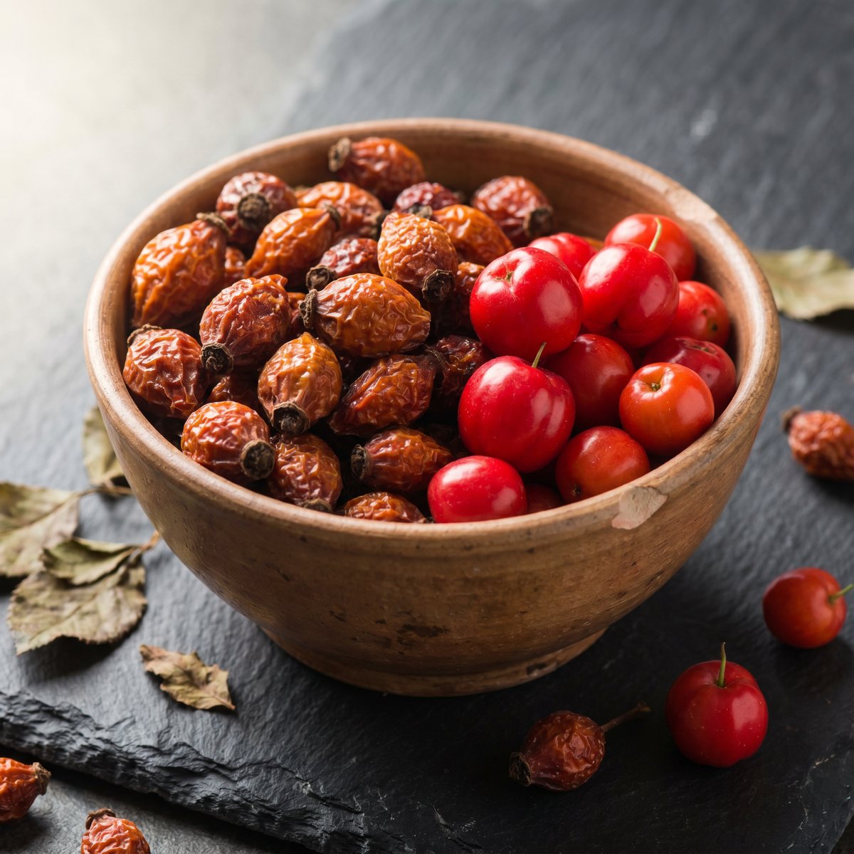 Přírodní zdroje vitamínu C – sušené šípky a plody acerola v misce