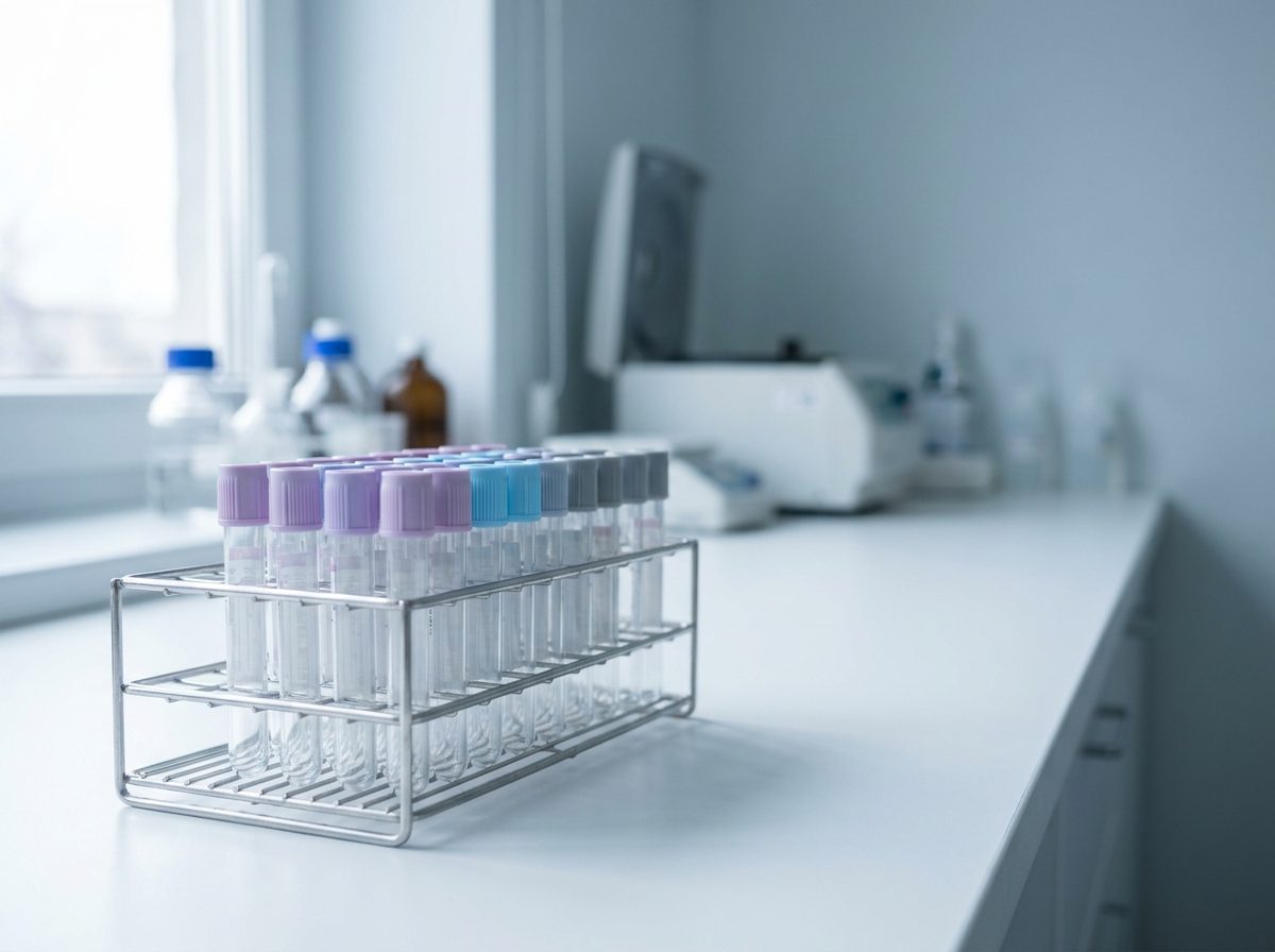 Vitamíny na vlasy a odběr krve – stojan s prázdnými zkumavkami na laboratorním pultu