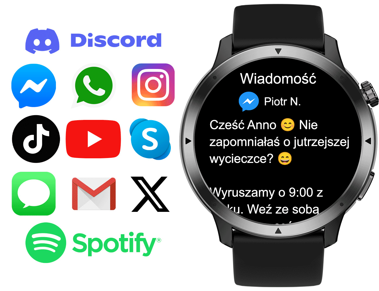 Wiadomości, emoji i szybkie odpowiedzi w zegarku Madvell Talon 3 Pro