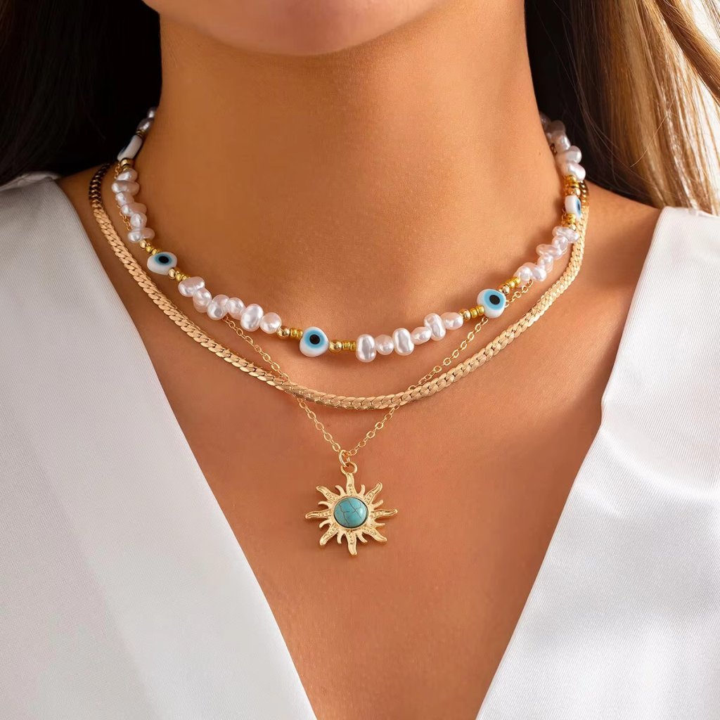 3pcs set Ethnic Sunflower Green Stone Pendant Necklace Women Vintage Imitation Pearl Devil s Eye Beaded.jpg (5)