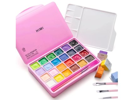 HIMI kvašové barvy - Jelly Cup Gouache Set - 24 Colours + 3 Brushes (Pink Case Edition)