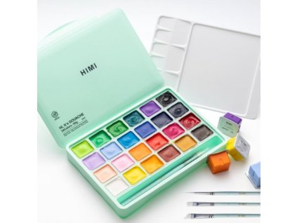 HIMI kvašové barvy - Jelly Cup Gouache Set - 24 Colours + 3 štětce(Green Case Edition)