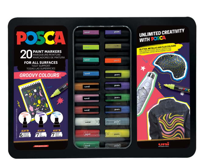Posca sada popisovačů PC-1M/PC-3M/PC-5M, GROOVY, PC-1M: 6 ks, PC-3M: 7 ks, PC-5M: 7 ks, mix barev (20 ks)