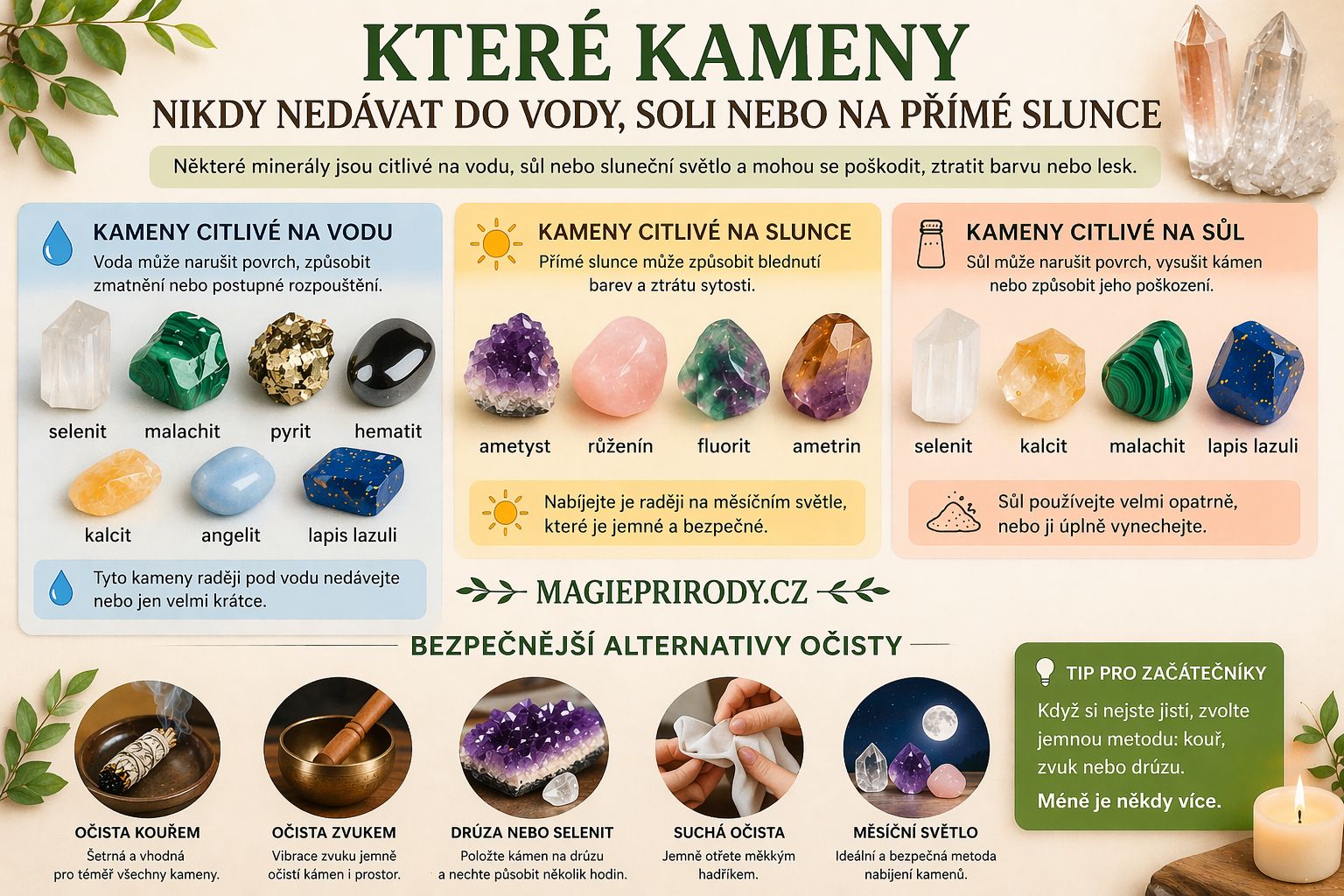 Které kameny nesmí do vody, soli nebo na slunce? Praktický přehled