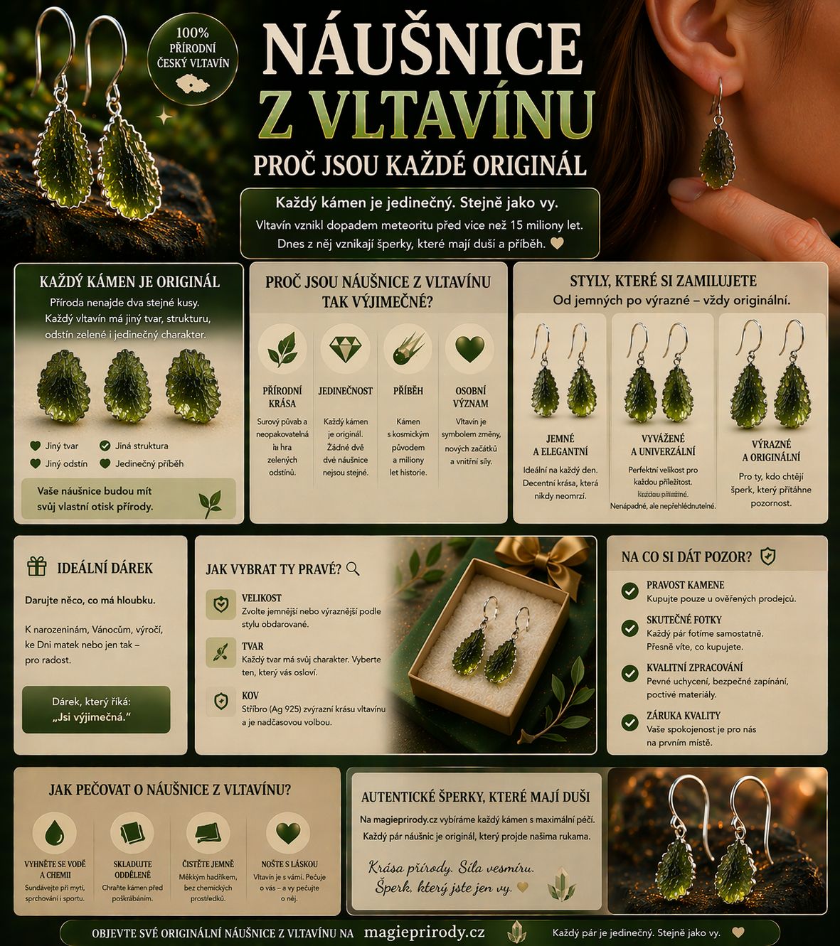 Náušnice z vltavínu: proč jsou každé originál