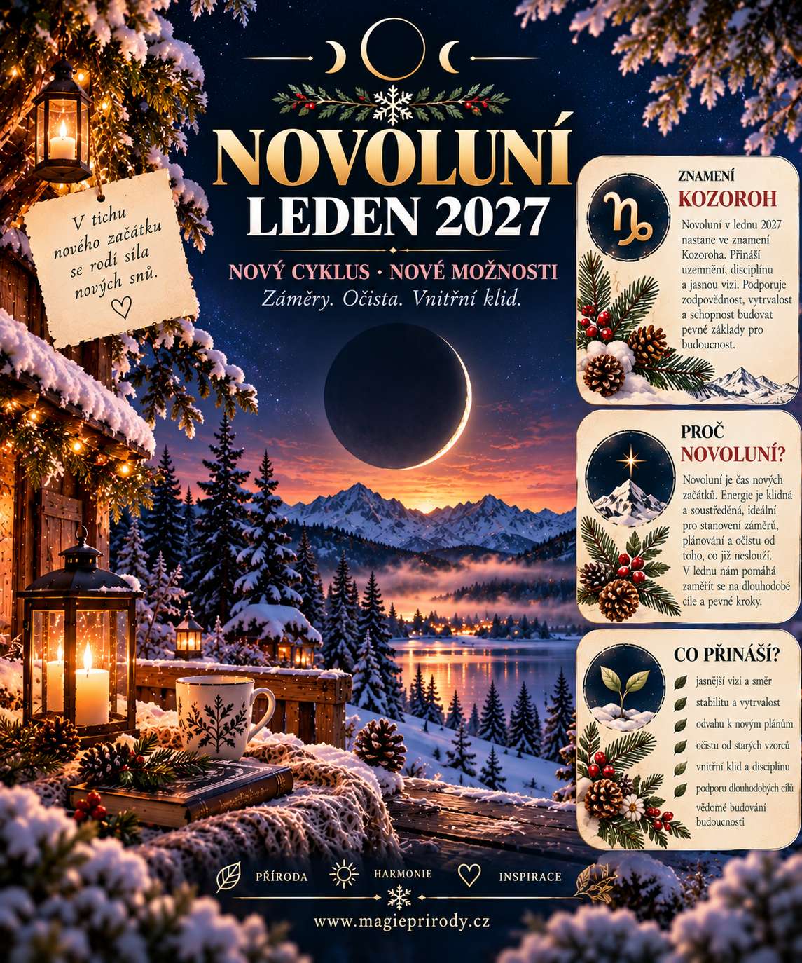 Novoluní 7. ledna 2027 v Kozorohu: první nov roku a záměry, které vydrží