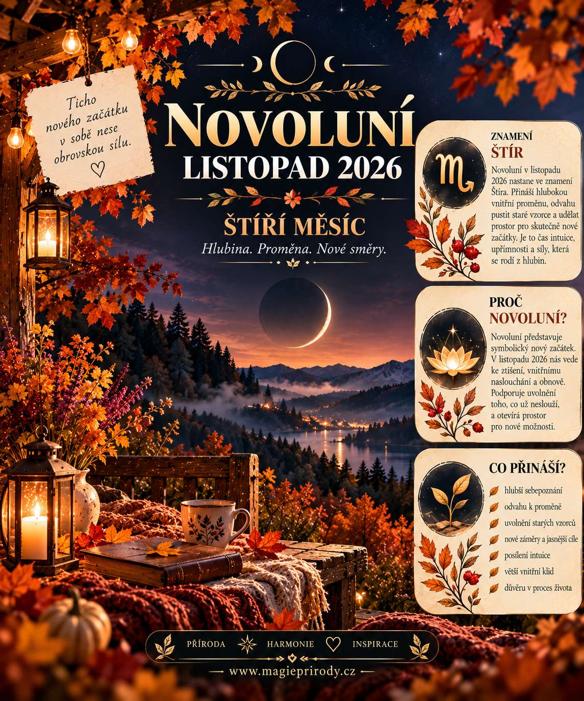 Novoluní 9. listopadu 2026 ve Štíru: rituál pouštění a kameny