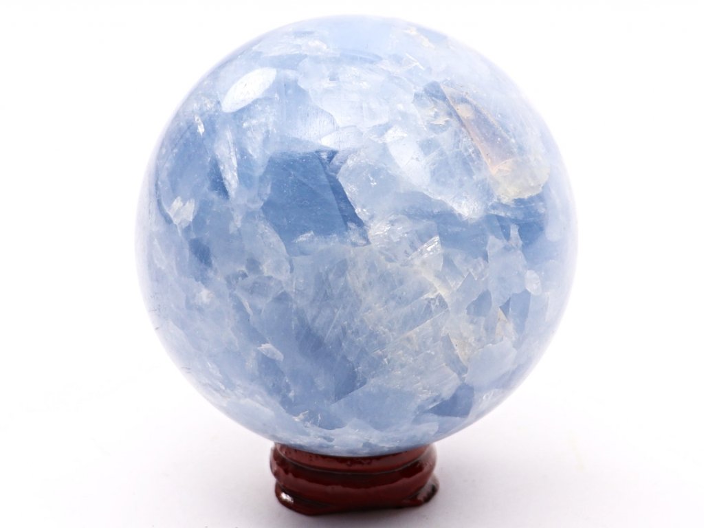 Kalcit modrý koule 80 mm 658 g přírodní kámen + dřevěný podstavec #K1054