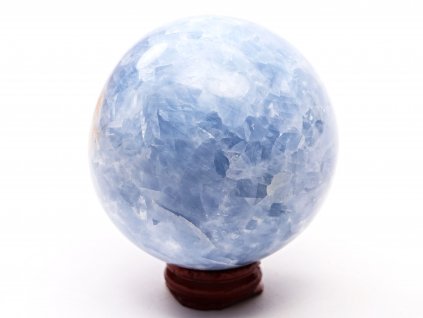 Kalcit modrý koule 75 mm 597 g přírodní kámen + dřevěný podstavec #K1027