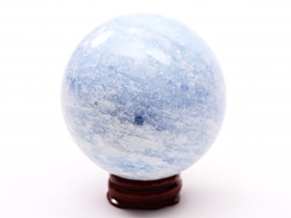 Kalcit modrý koule 65 mm 378 g přírodní kámen + dřevěný podstavec #K1050