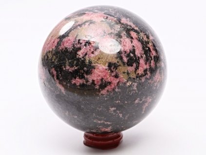 Rodonit koule 95 mm 1.664 g přírodní kámen + dřevěný podstavec #K1071
