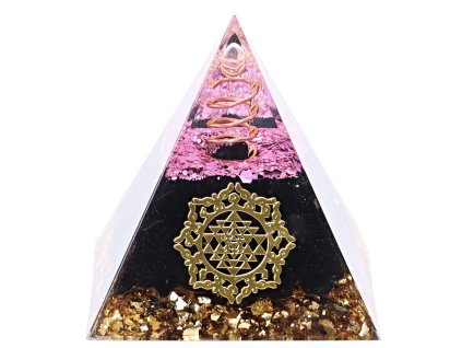 Orgonit pyramida spirála + Obsidián kameny 6x6 cm #OR005
