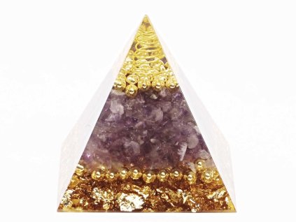 Orgonit pyramida 5x5 cm Ametyst kameny + spirála ve špici #OR025
