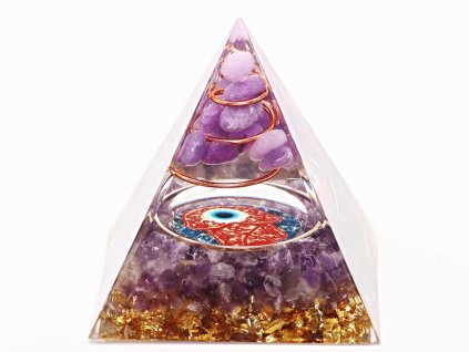 Orgonit pyramida 5x5 cm Ametyst + spirála ve špici #OR032
