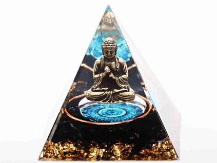 Piramida orgonitowa 5x5 cm Budda + kamienie Obsydian #OR044